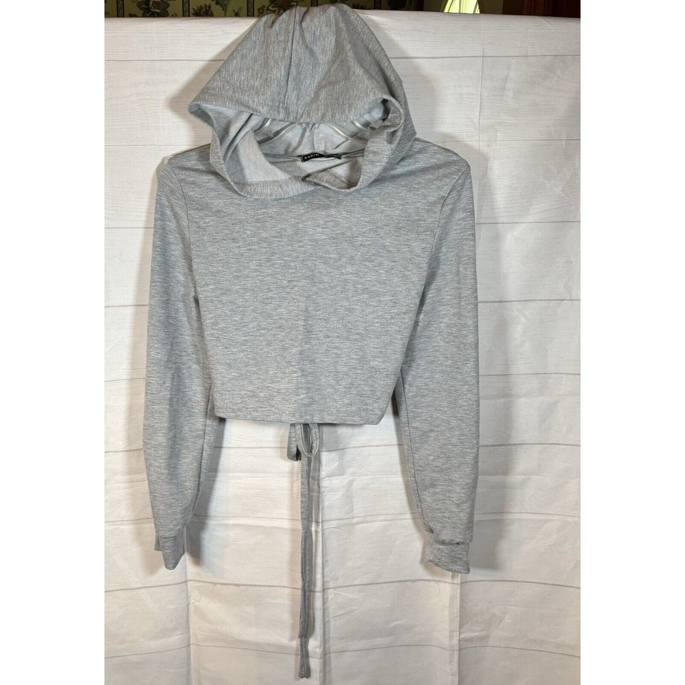 Shein Womens Cropped Hoodie Size Medium Gray Ties on Back Long Sleeve